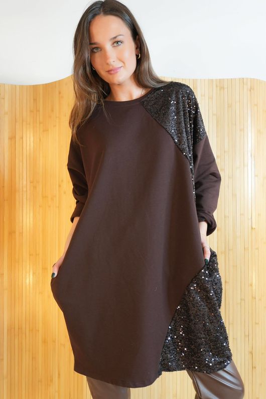 Oscar Clara Sequin Patch Pocketed Cocoon Tunic Chocolate